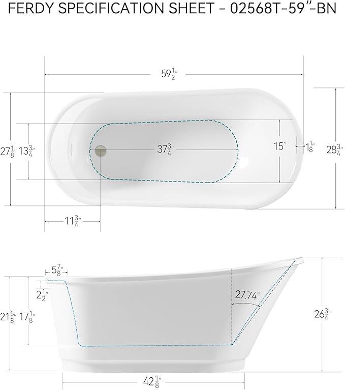 FerdY Langkawi 59" Acrylic Freestanding Bathtub, White Modern Stand Alone Soaking Bathtub, cUPC Certified, Brushed Nickel Drain and Minimalist Linear Design Overflow Included, Easy to Install, 02568T