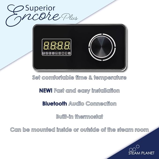 Superior Encore Plus 24kW Steam Shower Generator Kit with Horizontal Black Keypad, Bluetooth Audio, Drip Pan & Color Lights |Self-Draining Steam Bath Generator |One-click Connection Cord|