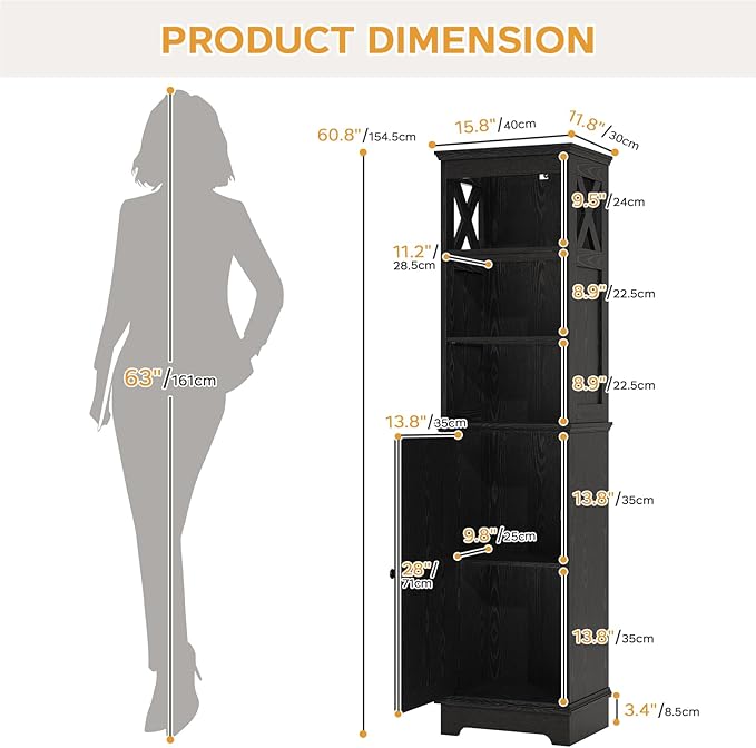 Narrow Bathroom Storage Cabinet with Door and Open Adjustable Shelves, 60.9" H Wooden Tall Tower Corner Farmhouse Cabinet, Freestanding Organizer for Kitchen, Entryway Black