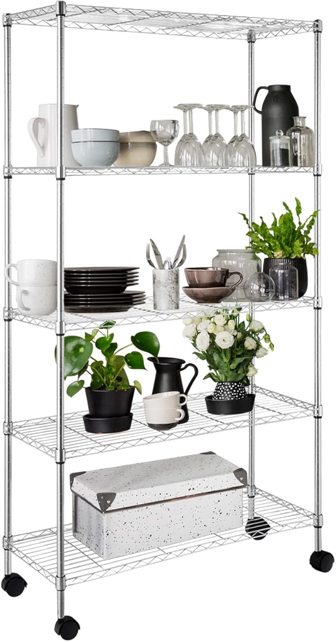 5 Tier Storage Racks Shelving, Heavy Steel Pantry Shelves, Adjustable Wire Shelving Rack with Wheels, Suitable for Garage, Kitchen, Bathroom, Office, 35" W x 14" D x 65" H, Chrome