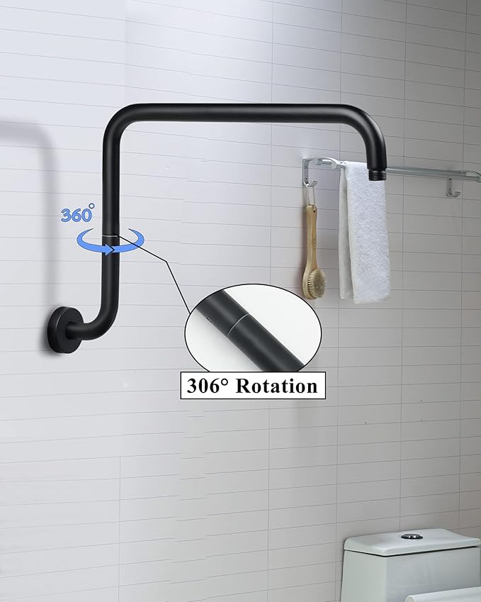 PHASAT Black Shower Head Arm,S Shaped Shower Arm with Flange,High Rise Shower Head Extension Matte Black,Shower arm Extension,PU9H01-M