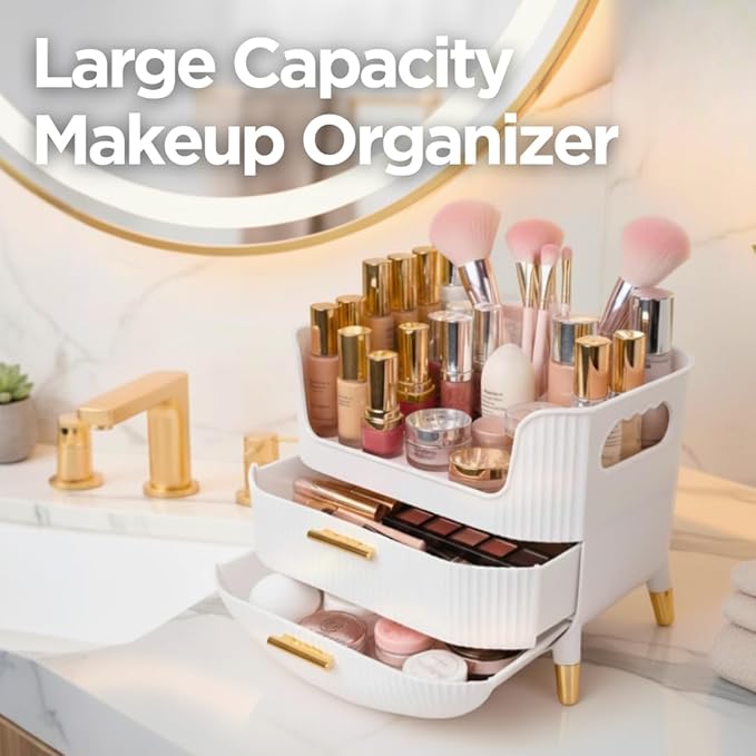 Makeup Organizer with Drawers, Skincare Storage Box for Vanity, Multiple Compartments, Portable Cosmetic Display Case with Handle, Large Make up Organizers for Dresser, Bathroom, Bedroom, White