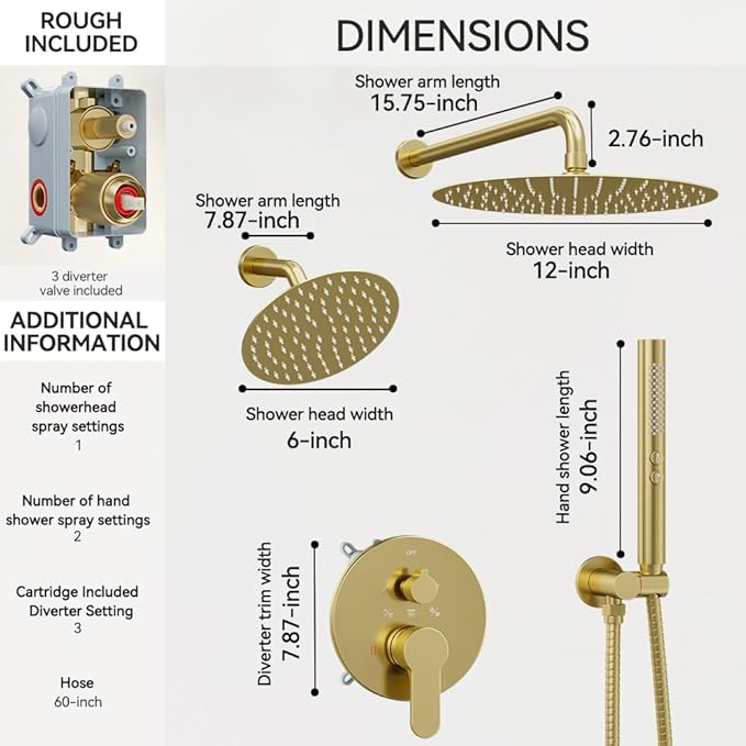Shower Systems STARBATH 12+6" Round Dual Rainfall Shower Head with Handheld Spray for Two People, Wall Mounted 3 Way Rain Shower Faucet Sets Complete, Included Valve and Trim Kit, Brushed Gold