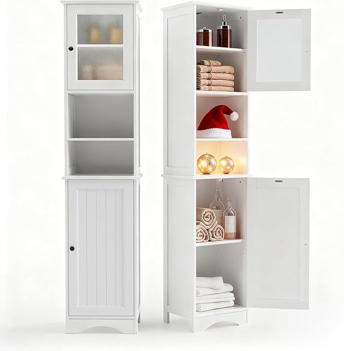 Gizoon 67.1" Tall Bathroom Storage Cabinet with Adjustable Shelves, Narrow Tall Linen Tower with Open Shelves, Two-Way Doors Freestanding Cabinet with Anti-Tip, for Home, Kitchen, Living Room, White