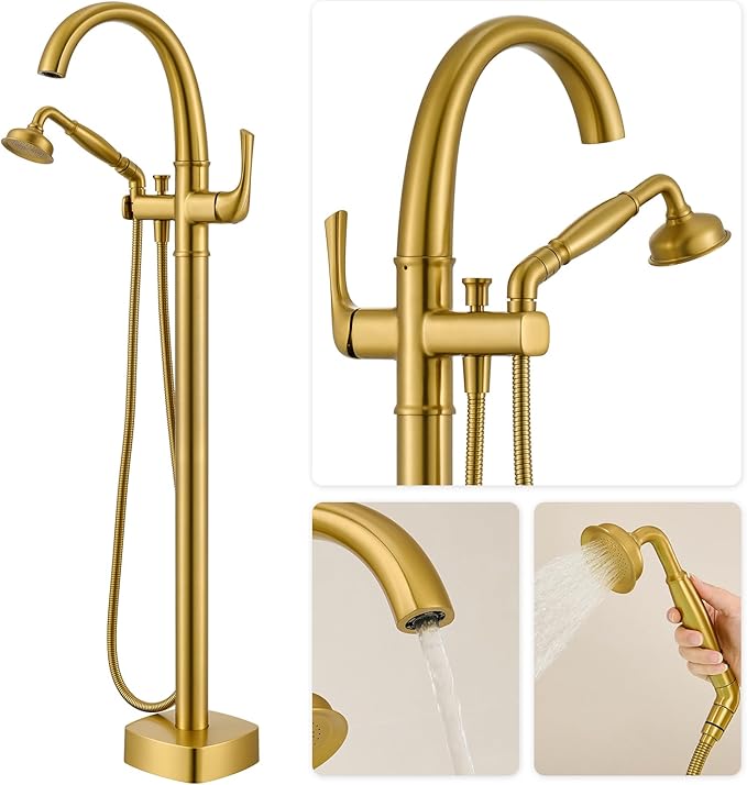 Free Standing Tub Faucet, Hanallx Luxury Brushed Gold Freestanding Bathtub Faucet with Sprayer, Premium Brass High Flow Rate Floor Mount Tub Filler Swivel Spout, Roman Tub Faucet Set（HM88011-BG）