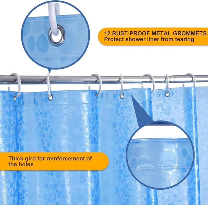 WELTRXE EVA 8G Shower Curtain Liner, 72x72 Inch 3D Blue Pebble Heavy Duty Waterproof Bathroom Shower Liner with Weighted Magnets Thick Clear Plastic Shower Curtains for Shower Stall, Bathtub, 12 Hooks
