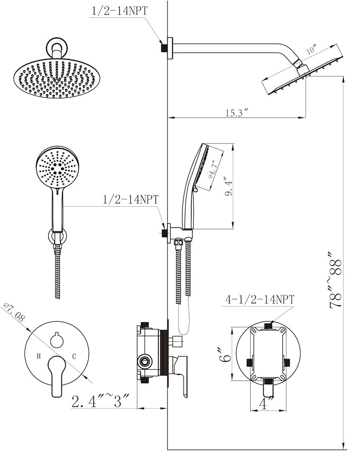 Shower Faucet Set 10IN Brass Rough-In Valve Body Trim Kit Rainfall Included Handle Accessories Complete 2 Functions with Rain Head and Handheld Bathroom Systems (10'', Chrome Polished)
