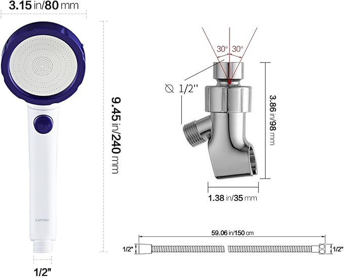 KAIYING High Pressure Handheld Shower Head with ON/OFF Pause Switch, 3 Spray Modes Shower Wand with Shut Off Button, Removable Camper Shower Head with Hose and Adjustable Angle Bracket (White & Blue)