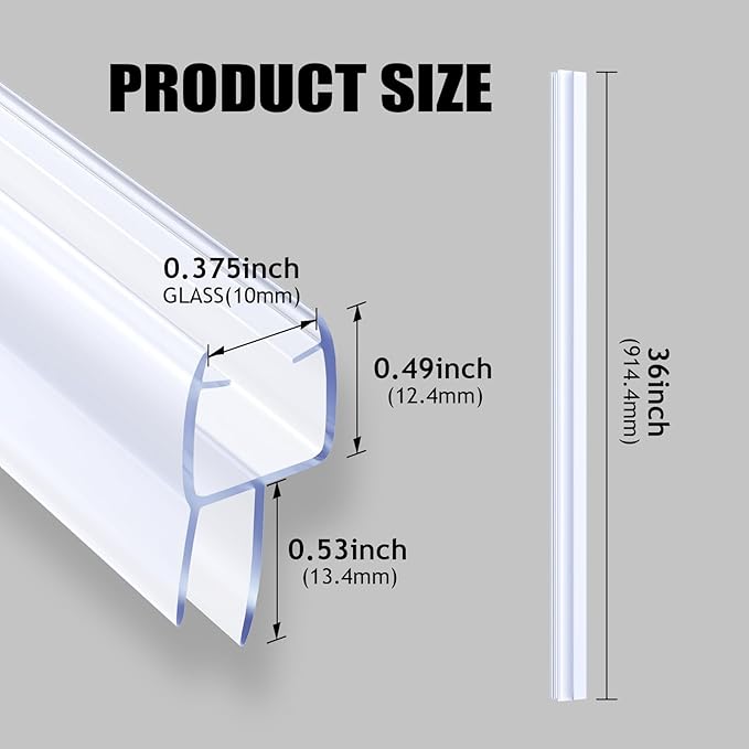 Shower Door Seal, 3/8" X 36" Glass Door Bottom Seal, Ultra Clear Frameless Shower Doors Strip, Stop Shower Leaks and Create a Water Barrier for 3/8 Inch (10mm) Glass, Single Pack