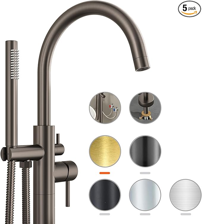 Freestanding Bathtub FaucetFloor Mount Bathtub Filler Shower Mixer Faucet with Handheld Shower Sprayer Swivel, Bottom Inlet，Grey