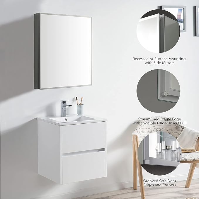 Blossom 20x26 Inch Aluminum Medicine Cabinet with Mirror – Recessed or Surface Wall Mounted Bathroom Storage with Adjustable Glass Shelves, Soft Close Hinges, Rust-Resistant and Modern Mirrored Design