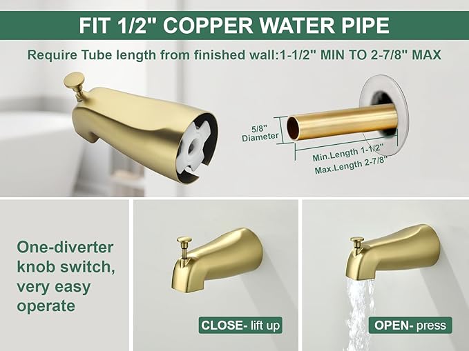 2 Handles Tub Shower Faucet Set Shower System with Tub Spout Bathtub Faucet Set Shower Tub Combo Set Complete Tub and Shower Trim Kit Brushed Gold
