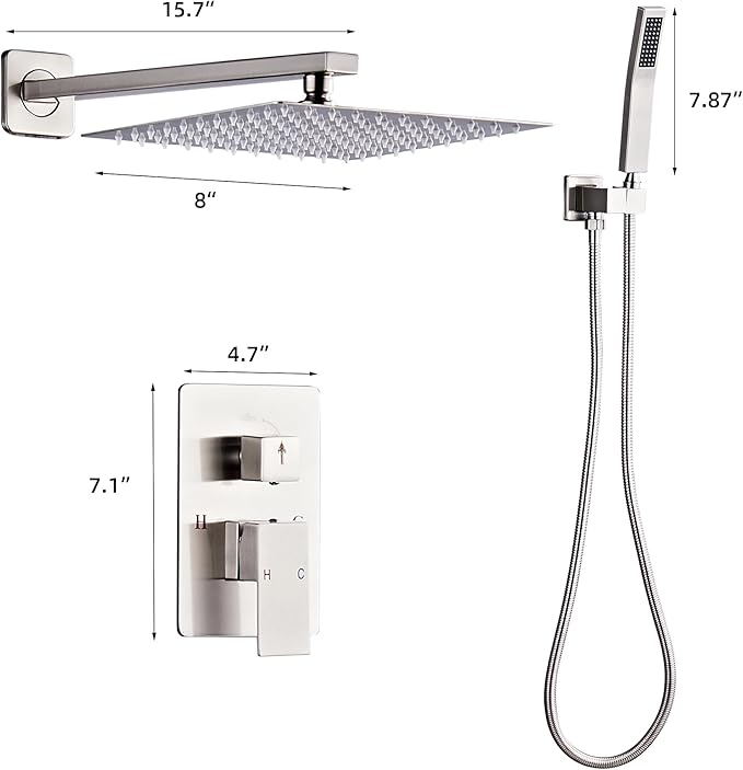 Shower Faucet Set, Rainfall Shower System Complete Wall Mounted for Bathroom with 8 Inch Shower Head and Handheld Rain Mixer Combo Kit with Shower Valve and Shower Trim, Brushed Nickel