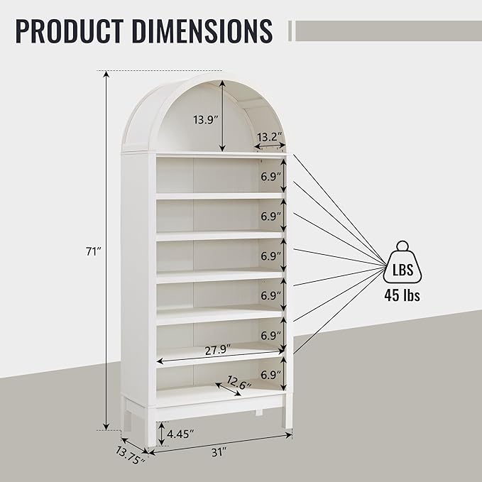 71" Tall Arched Bathroom Storage Cabinet, 7-Tier Modern Farmhouse Storage Cabinet with Adjustable Shelves, Wood Freestanding Cabinet for Bathroom, Living Room, Entryway, Hallway (Antique White)