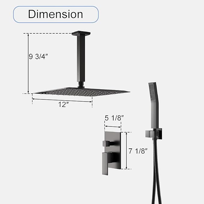 WELLFOR 12-In Ceiling Mount Shower System with Single Handle, Pressure-balanced Valve Included, Waterfall Dual Head Shower Head System, Rain Shower System, Shower Faucet Trim Kits, Matte Black