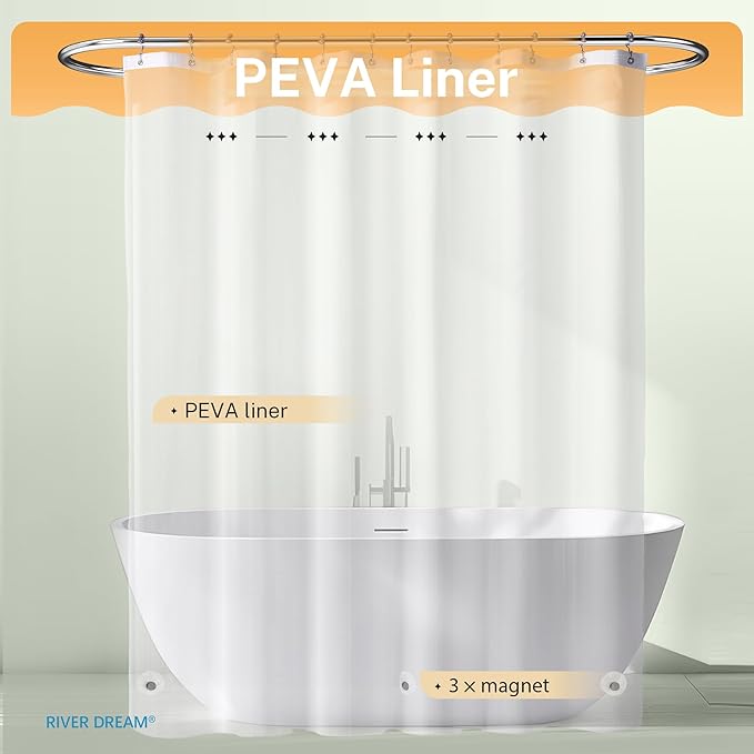 River Dream 3 in 1 Shower Curtain Set, Waffle Fabric Shower Curtain and Waterproof Clear Liner Set with Double Sided Metal Hooks, Sage Green, 72" W*72" H