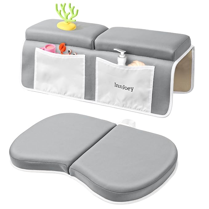 Bath Kneeler and Elbow Rest Pad Set, 1.6'' Extra Thick Bath Support for Knees and Elbows, Memory Foam Bath Mat with Toy Organizer Pockets, Quick-Dry Kneeling Pad for Bathing Baby Grey
