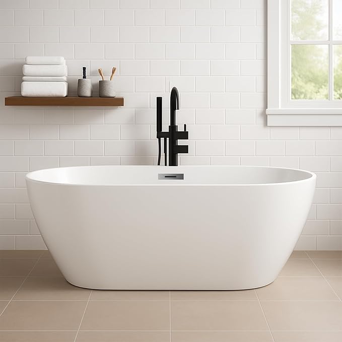 59" Acrylic Freestanding Bathtub, Modern Deep Soaking Tub, cUPC Certified Free Standing Tub, Chrome Drain/Overflow, White Acrylic, Flora White
