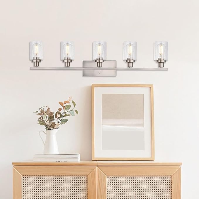 40-Inches Length Bathroom Vanity Lighting Fixtures Over Mirror in Brushed Nickel, 5-Lights Industrial Sconce Wall Lamp with Seeded Glass Shades