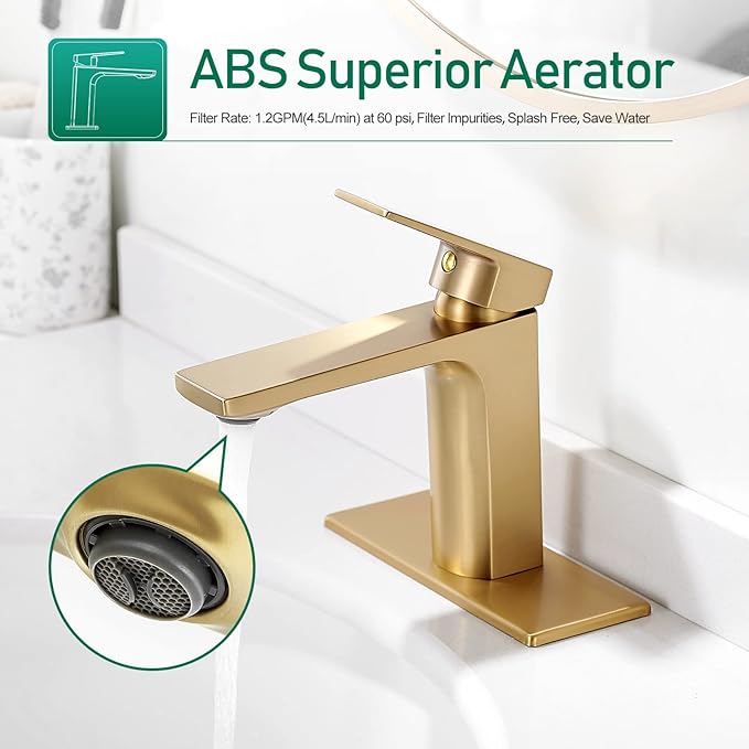 VOTON Brushed Gold Bathroom Sink Faucet Single Handle with Pop-up Drain Faucets for Sink 1 Hole or 3 Hole with Deck Plate Rv Lavatory Vanity Faucet
