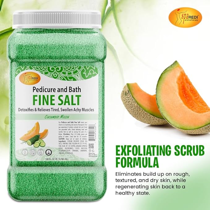 SPA REDI - Detox Foot Soak Pedicure and Bath Fine Salt, Cucumber and Melon, 128 Oz - Made with Dead Sea Salts, Argan Oil, Coconut Oil, and Essential Oil - Hydrates, Softens and Moisturizes