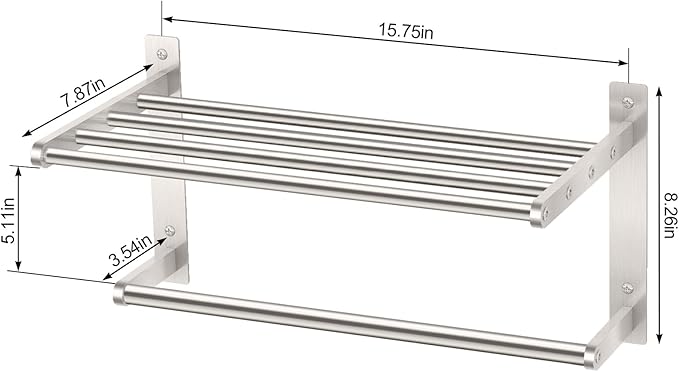 Towel Rack with Shelf 16", Metal Towel Racks for Bathroom Wall Mounted, Bathroom Shelf with Towel Bar Rustproof Bath Towel Holder Towel Rod Lavatory Bath Accessories - Brushed Nickel