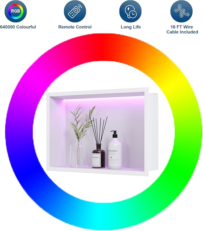 White Stainless Steel Shower Niche 18x12Inch, Dimmable RGB Led Light Wall Niche, No Tile Needed Recessed for Bathroom Storage Built-in Installation