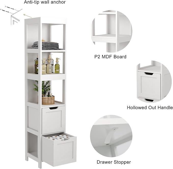 HOMEFORT Bathroom Storage Cabinet, Slim Tall Cabinet, Narrow Floor Cabinet Organizer, Wooden Linen Tower with 2 Drawers and 3 Shelves, Freestanding Cupboard White