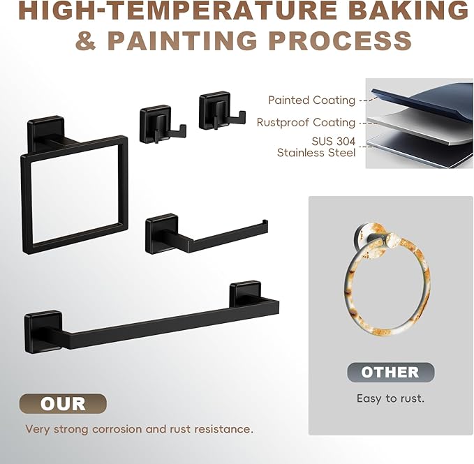 5-Pieces Matte Black Bathroom Hardware Accessories Set, SUS304 Stainless Steel Bath Towel Bar Set, 15.6 Inch Bath Towel Bar Set，Towel Racks for Bathroom Wall Mounted.