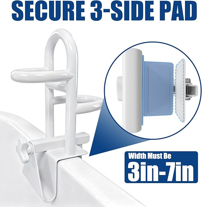 Adjustable Triple Grip Bathtub Grab Bars for Seniors, Clamp-On Safety Handrail for Handicap & Elderly, Fits 3-7Inch+ Thick Walls, Bathroom Balance Support for Family Safety