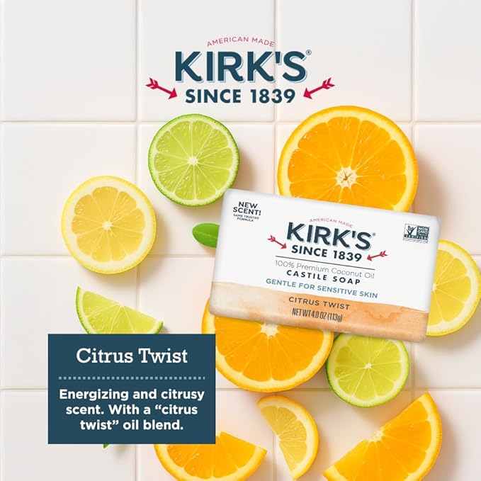 Kirk's Castile Bar Soap for Men, Women & Children - Made with Premium Coconut Oil, Sensitive Skin Formula- Vegan & Non GMO- Citrus Twist- 4 oz. Bars 6 Pack