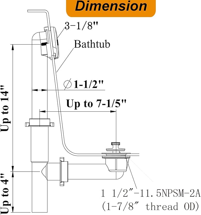 (1 Pack) Yariwiz 1-1/2" Polished Chrome Bathtub Tub Drain Kit Bath Waste Overflow Drain Tube Assembly with Universal Lift & Turn Bathtub Drain and Overflow Faceplate Polished Chrome