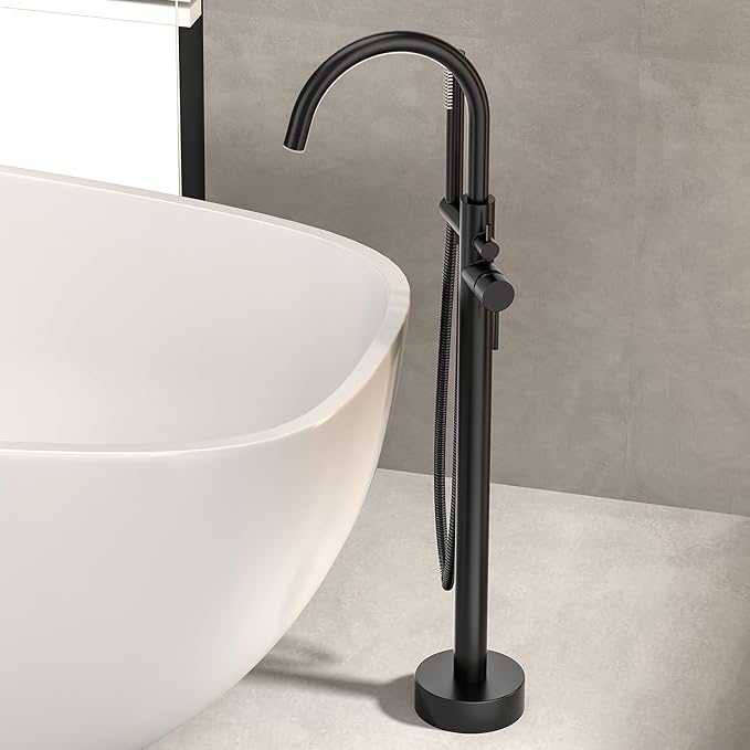 Freestanding Bathtub FaucetFloor Mount Bathtub Filler Shower Mixer Faucet with Handheld Shower Sprayer Swivel, Bottom Inlet，Matte Black