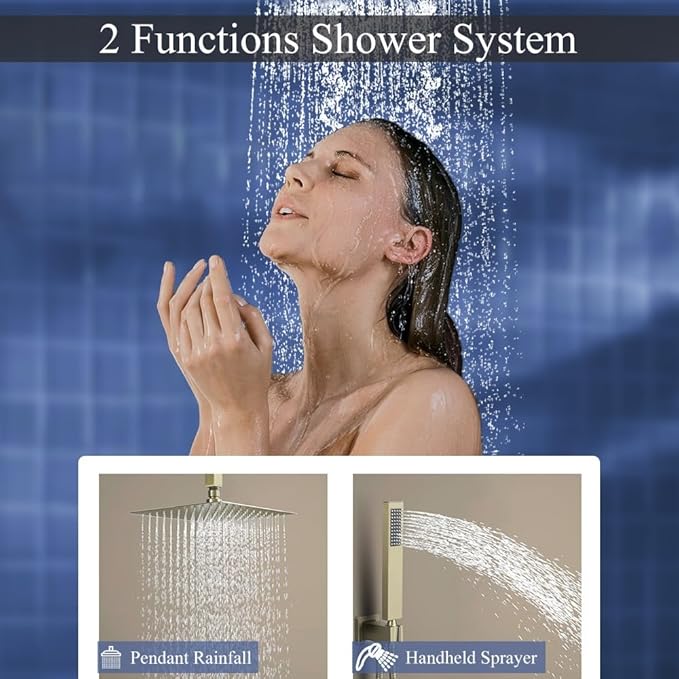12 Inch Brushed Gold Ceiling Mount Shower System Bathroom Luxury Rain Mixer Shower Combo Set Ceiling Rainfall Shower Head System Faucet Contain Rough-in Valve and Trim Included