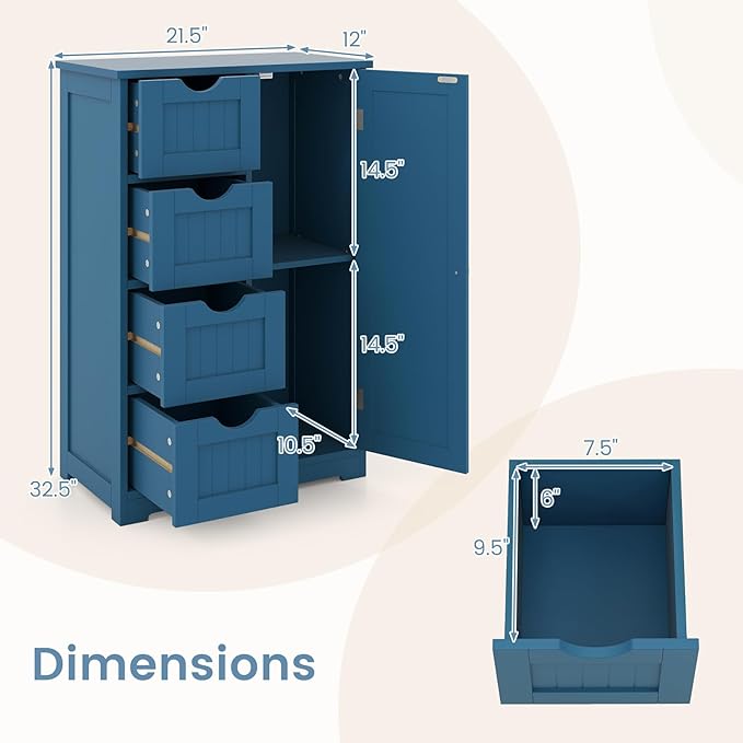 Tangkula Bathroom Floor Cabinet, Freestanding Storage Cabinet with 4 Drawers & Single Door, Adjustable Shelf, Multipurpose Bathroom Storage for Home Office, 21.5 x 12 x 32.5 Inches (Blue)