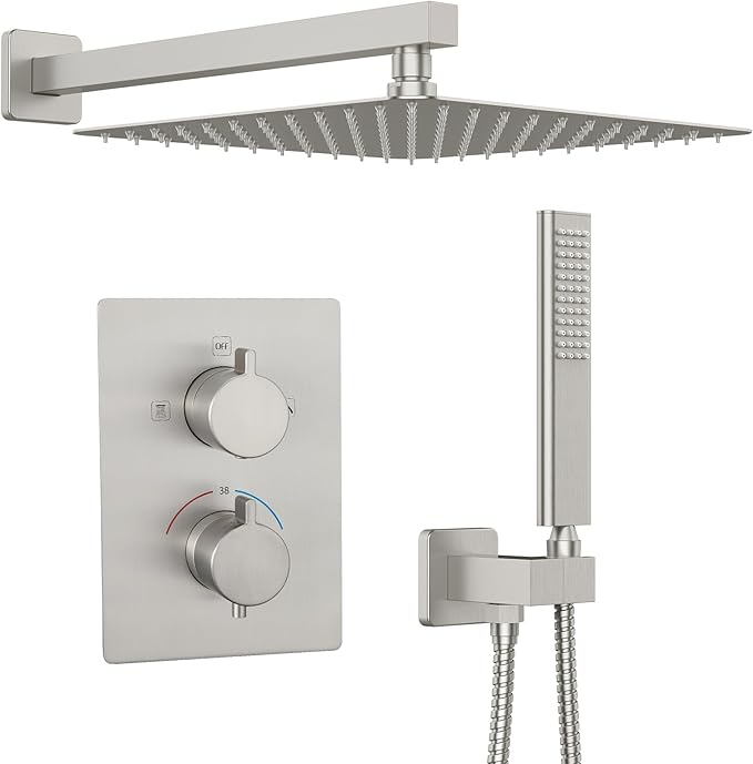 Iriber Thermostatic Shower System Wall Mount with 12 Inch Rainfall Shower Head and Handheld Bathroom Shower Set Contain Shower Faucet Mixer Valve Trim Kit (Valve Included),Brushed Nickel