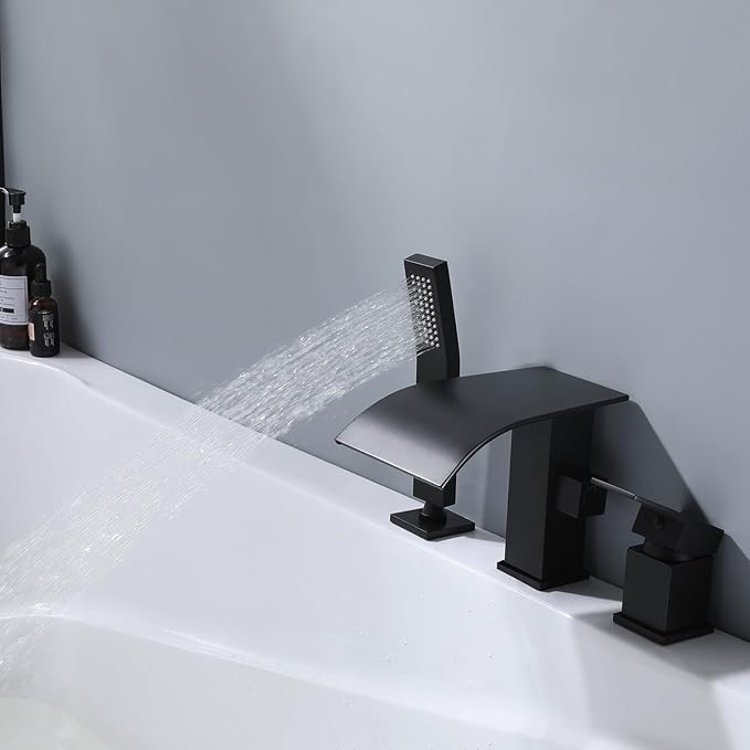 Waterfall Roman Tub Faucet with Hand Shower, Deck Mount Tub Filler Bathtub Faucet with Sprayer, Single Handle Bathtub Faucet Set, Brass Widespread 3 Hole Bathtub Shower Faucet Set Matte Black