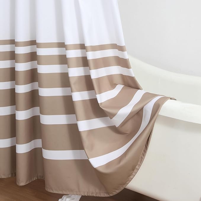 72x90 Inch Extra Long Shower Curtain, Beige and White Ombre Striped Waterproof Fabric, Modern Hotel Spa Design with 12 Rustproof Grommets & Weighted Hem