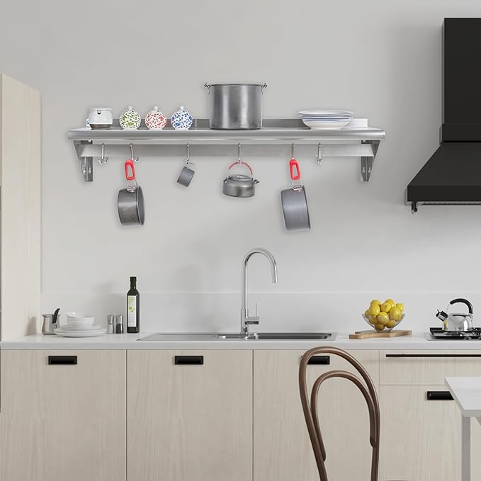 Hally Stainless Steel Shelf with 6 Hooks 18" x 48" Wall Mounted Pot Rack 400lb, NSF Commercial Floating Shelving for Storage Hanging Pots, Pans, cookware in Restaurant, Kitchen, Home and Hotel