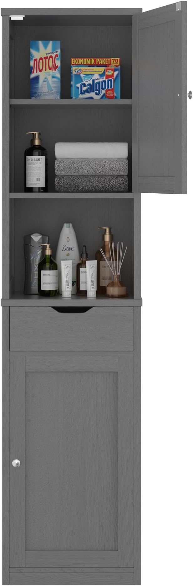 Walsunny Tall Bathroom Storage Cabinet with Freestanding Adjustable Shelves, Narrow Storage Linen Cabinet with 2 Doors and 1 Drawers for Bathroom, Living Room, Kitchen(Gray)