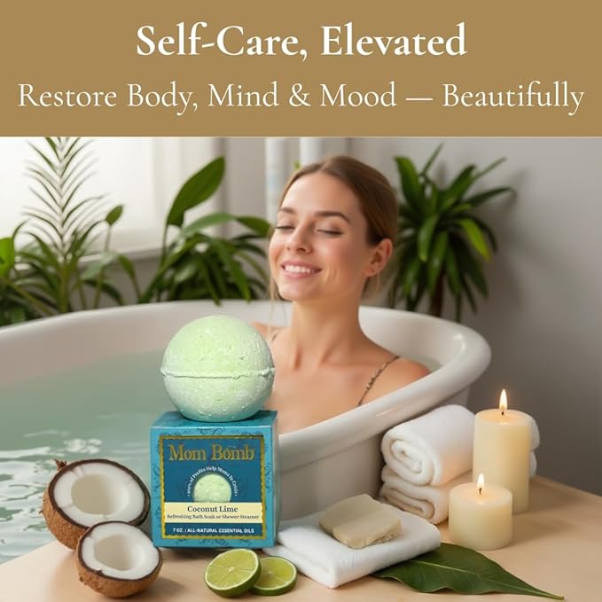 Mom Bomb Coconut Lime Bath Bomb (Shower Steamer) – Essential Oils, Clean Ingredients – Relaxing Aromatherapy Fizz, Skin-Softening – Made in USA - Gift for Women