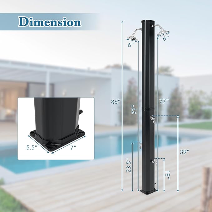 Giantex 9.3 Gallon Outdoor Shower, Solar Shower with Dual 360°Rotating Shower Heads, 2 Foot Showers, Hot & Cold Water Adjustable Faucet, 7.2 FT Outside Shower for Patio, Yard, Poolside, Beach, Garden