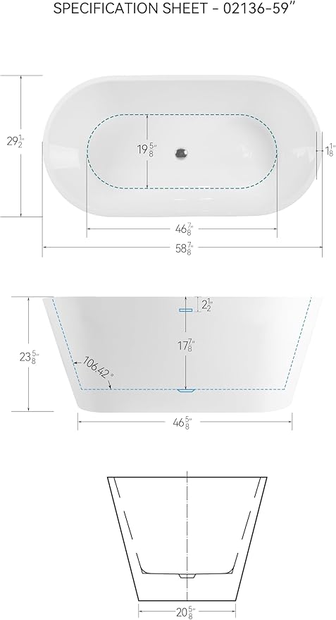 FerdY 59" Shangri-La Elite, Acrylic Freestanding Bathtub, Modern & Contemporary Design Soaking Tub with Chrome Pop-Up Drain and Minimalist Design Overflow, Glossy White, cUPC Certified