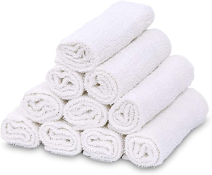 GOLD TEXTILES 12 Pack Economy White Washcloths Set (12x12 inches) - Cotton Blend Commercial Grade Cleaning Rags, Quick Drying & Soft Face Cloths, Fingertip Towels for Bathroom, Spa, Gym, and Kitchen