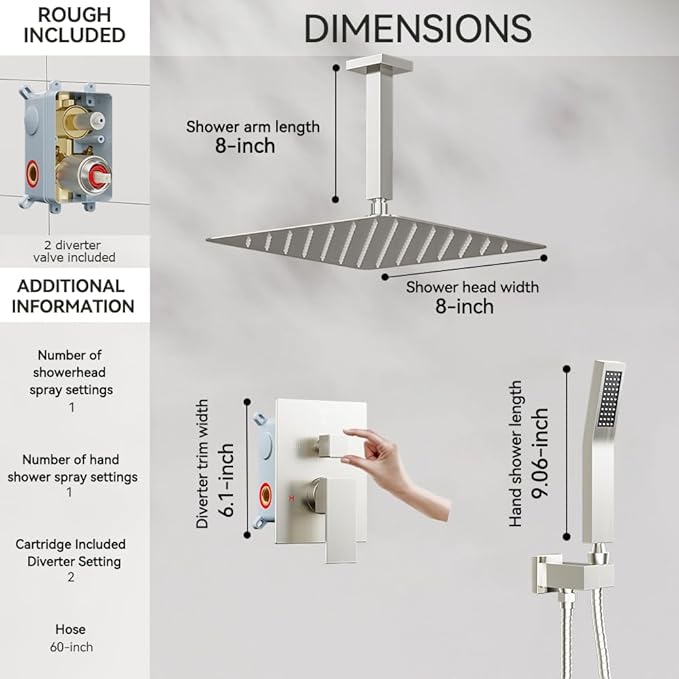 Shower Faucet Set Brushed Nickel Shower System, Starbath 8" Rain Shower Head and Handheld Spray Shower Set Complete Ceiling Mounted,2 Way Pressure Balance Shower Valve and Trim Kit Included