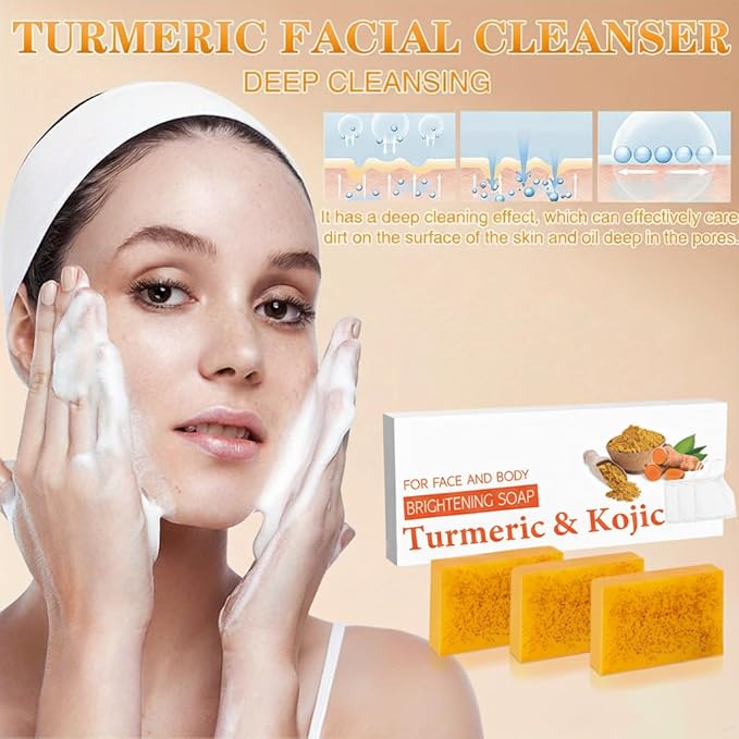 Lemon Turmeric Kojic Acid Soap, Natural Turmeric Handmade Soap for Face and Body, Organic Use Skin Care Soaps, Gentle Cleansing Suitable for All Skin Types (3pcs)