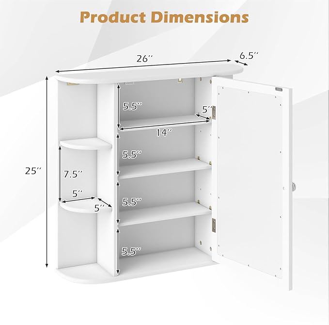 RELAX4LIFE Bathroom Wall Cabinet with Mirror - Medicine Cabinet w/Door & Open Shelves, Over The Toilet Storage Cabinet Organizer, Mirrored Bathroom Cabinet Wall Mount (White)