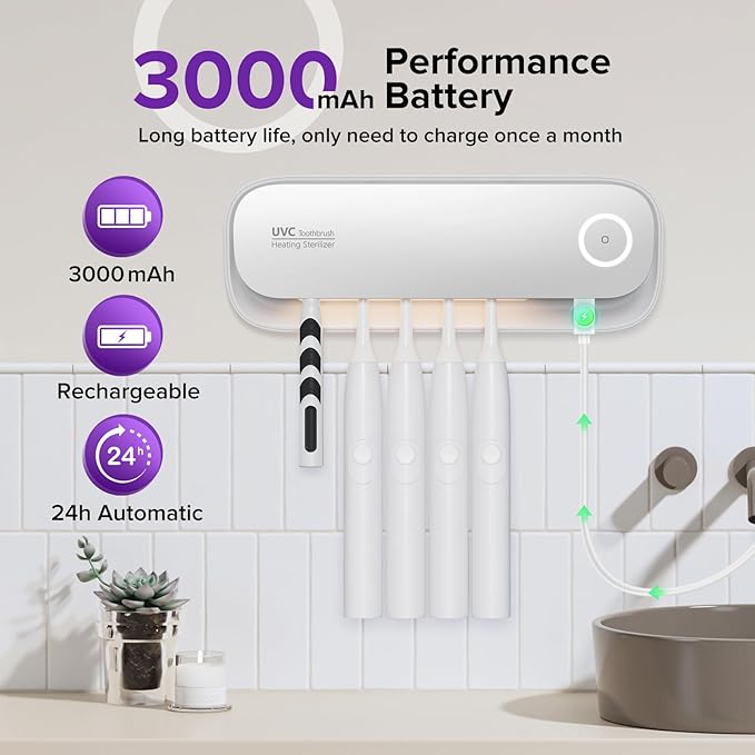 Toothbrush Sanitizer Holder for Bathrooms, 5 Slots Toothbrush Sanitizer and Holder, Rechargeable Cordless Wall Mounted Organizer, Toothbrush Cleaner with Drying Function, No-Drilling