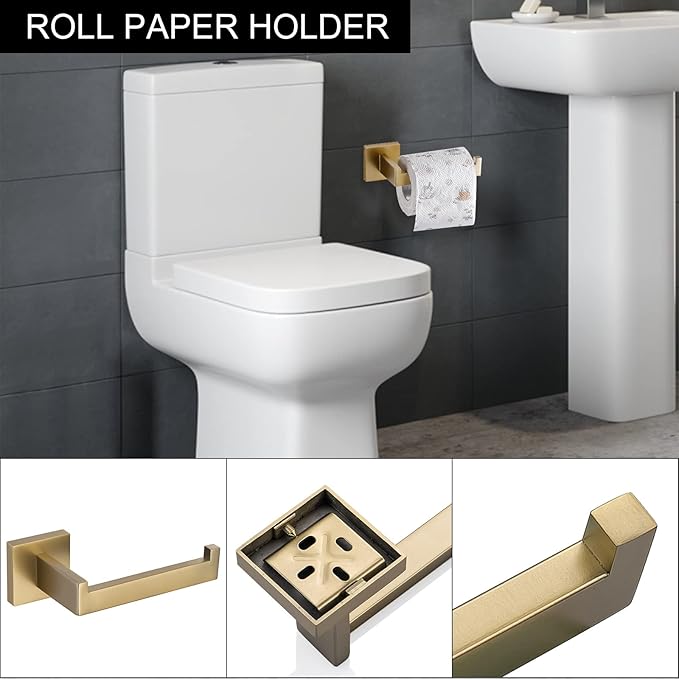 TNOMS Brushed Gold Towel Bar Set Bathroom Hardware Set, 5 Pieces Gold Bathroom Accessories Set Stainless Steel Wall Mounted Towel Holder for Bathroom 23.6in