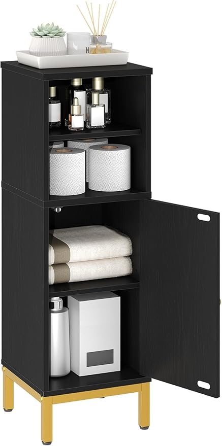 Bathroom Storage Cabinet, Corner Floor Cabinet with Shelves, Customized Door Opening Direction, Bathroom Organizer with Adjustable Shelf for Kitchen, Living, Toilet Paper Cabinet, Black